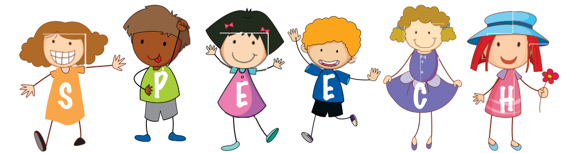 Illustrated characters spelling SPEECH, from the Spot Rehab Center logo